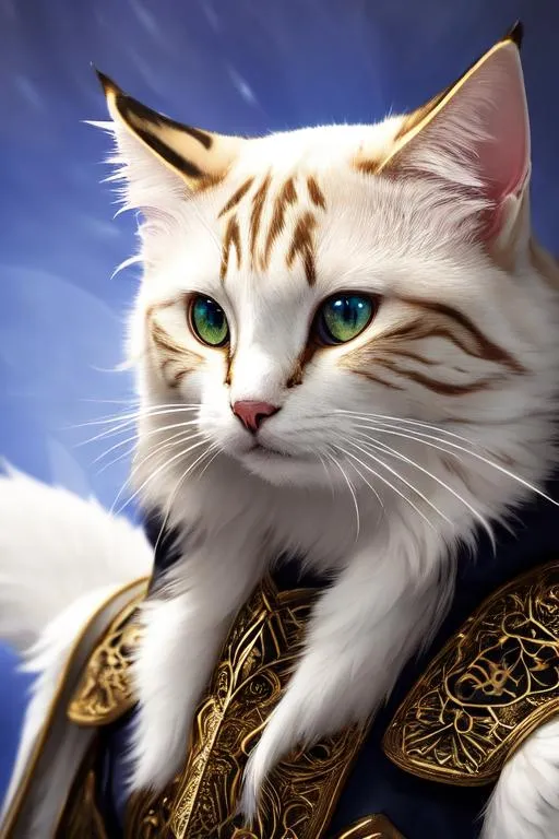 Prompt: 4 winged cat, 4 eyes, (masterpiece), (best quality:1.2), (intricate detail), dynamic angle, looking at viewer, (1male), ((solo)), (((full body))), (slender), (((tabaxi))), (((white fur))), ((blue pupils)), (((light armor))), black armor, ((cloak)), mysterious, ((ominous expression))