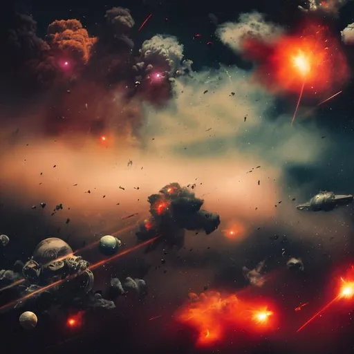Prompt: spacecraft invasion of planet, war with other spacecraft, angels and demons fighting, dust, smoke, fire, dark red and yellow foggy and abstract, explosions