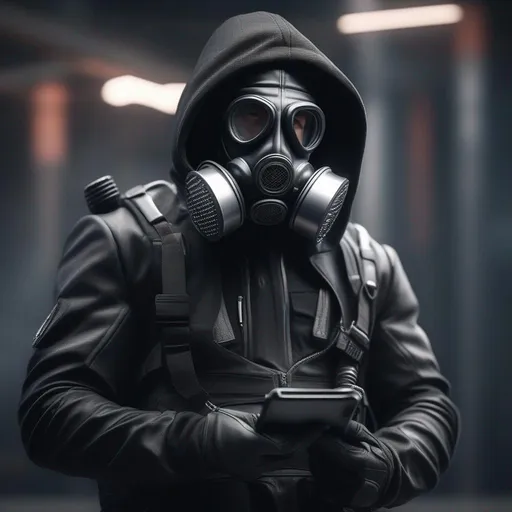 Prompt: Male agent with a gas mask, black and grey cyberpunk outfit with a hood,  using celular, Hyperrealistic, sharp focus, Professional, UHD, HDR, 8K, Render, electronic, dramatic, vivid, pressure, stress, nervous vibe, loud, tension, traumatic, dark, cataclysmic, violent, fighting, Epic