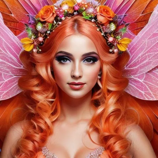 Prompt:  fairy goddess, orange and pink colors, closeup