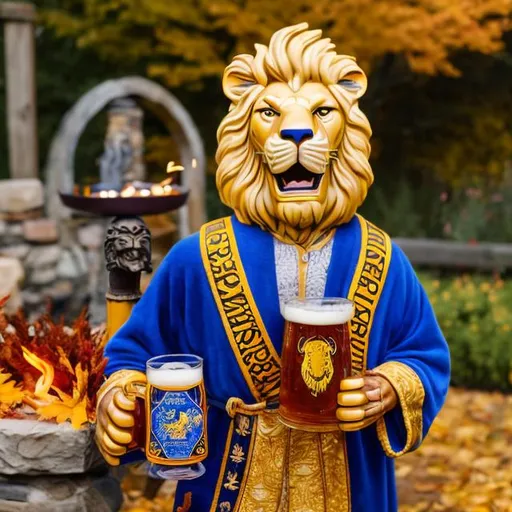 Prompt: smiling lion with a large stein of beer and wearing a regal robe of royal blue and gold in a beer garden with fiery fall foliage and a firepit 
