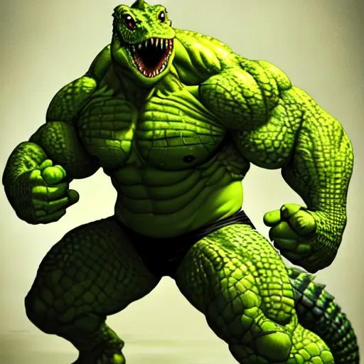Prompt: reptilian crocodile incredible-hulk combined with brock-lesnar green saltwater scaled skinned yellow eyes with long tail full body portrait standing pose for fighting wearing mma gloves