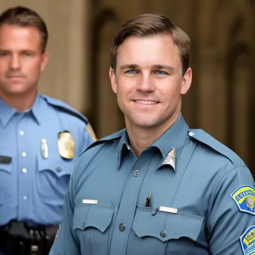 Prompt: White male with brown hair and brown eyes and a light blue police uniform 