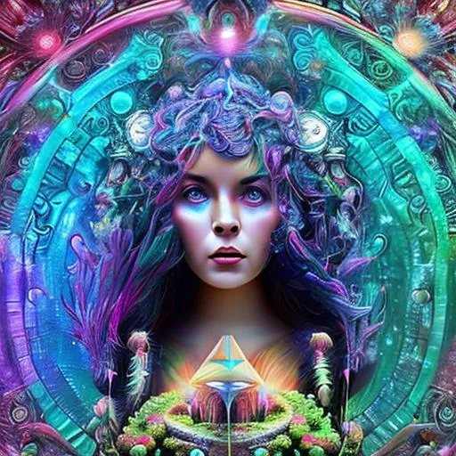 Prompt: the inception goddess of amazing dreams, fractals, bubbles, planets, floating waterfalls, color, flowers, ornate, intricate, flowing, neon, led
