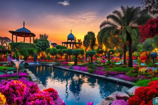 Prompt: persian garden at sunset, many flowers, pools and fountains, vibrant colors, 8K, high resolution, highly detailed, intricate detail, sharp focus, photorealistic. 