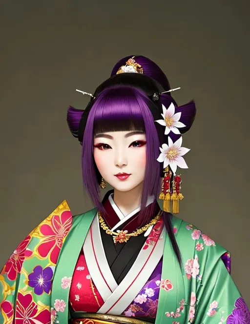 Prompt: High quality portrait of a Japanese Oiran. she is walking in a cherry blossom garden, She has lightly colored pale skin and is very beautiful. Her hair is black and is decorated with purple, silver, and gold hairpins. Her elaborate kimonos are white and purple with checkered patterns. She wears a blue spider lily on her left ear and wears a beautiful purple obi patterned with traditional Japanese mist colored white.