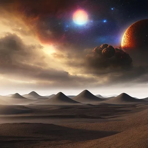 Prompt: dark fantasy landscape, dark volcanic sand, in the sky is a floating mighty dark god looking down at the landscape, thin atmosphere,  hd realistic, art, beyond the universe