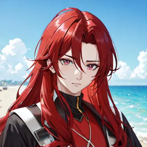 Prompt: Zerif 1male (Red side-swept hair covering his right eye) at the beach, 8k, UHD, highly detailed, insane detail, masculine