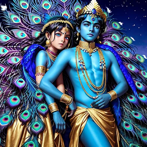 Prompt: Blue skin, A night, A 10 year old cute boy under a tree, Peacock feather crown, black wide eyes, straight dark eyebrows, long lips like rose petals, no shirt robes like ancient Indian prince, Golden large Indian stylish neckless which is decorated by gold and emerald and rubies and it brights

 large Indian ancient time's golden flowing ear-rings in ears, curly hair, the boy's hair reach the shoulders, simple peacock feather crown on head which has 3 big peacock feathers exact middle of the crown, there are divine lights around the boy.

A golden crown it has real 3 peacock feathers. Sitting under a wide mango tree a Big moon night.