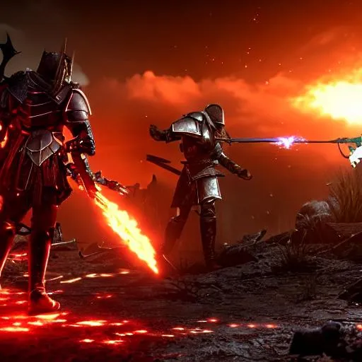 Prompt: photo of a beaten and battered knight wearing glowing armor facing an evil undead knight on the battlefield, apocalypse, last stand ,falling stars, battle, war, intricately detailed, filigree, epic, hellish landscape in background, demons, magic, reflections, photo realistic, unreal engine, octane render, volumetric lighting, 8k