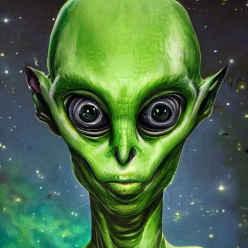 Prompt: hyperdetailed realistic portrait of a green alien walking towards you on a foreign planet in outerspace