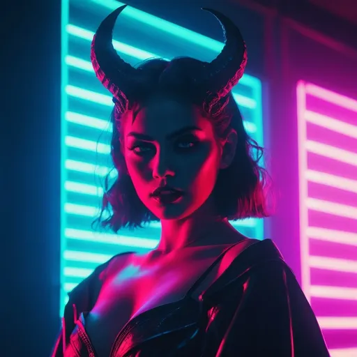 Prompt: beautiful female demon, hell, demonic, vaporwave, retro, neon, aesthetic, liminal, high quality, high definition, beautiful, dramatic lighting