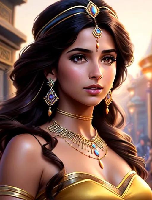 Prompt:  Naomi Scott as princess jasmine in a scene from aladdin , brown hair, brown eyes, in crowded town center, ethereal, sad, jewelry set balayage wild hair, royal vibe, highly detailed, highly detailed face, digital painting, Trending on artstation , HD quality, tan skin,artgerm,  by Ilya Kuvshinov 