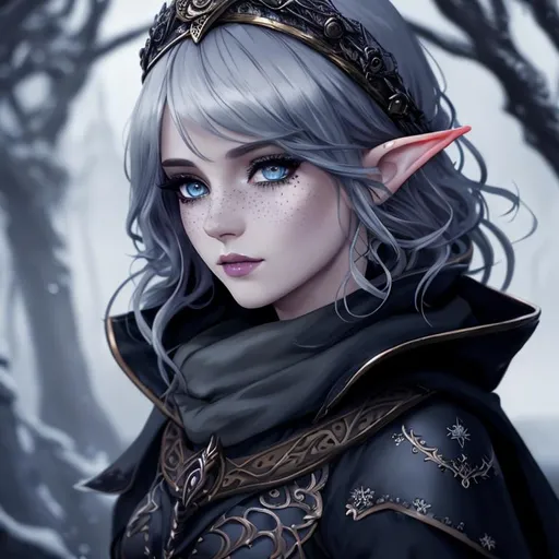 Prompt: half body portrait, female , elf, detailed face, detailed vibrant eyes, full eyelashes, ultra detailed accessories, tunic, curly messy hair, bangs, dnd, artwork, fantasy,inspired by D&D, concept art, ((looking away from viewer)), ((dark fantasy)), gloomy and gray night background, freckles, short hair, pale white skin, snow storm and heavily snowing background, gray winter fur coat and hood , fur cape cloak, female elf, dark and cold background, UHD, 8K, dark fantasy, (art inspired by Agnes Cecile), thin eyebrows, muted artwork, faded colors, winter season, night time, dark aesthetic, stars out at nighttime background