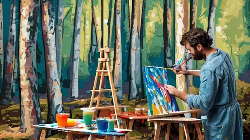 Prompt: An image of a painter and a painting. The painter is surrounded by paint by numbers kit. The painting is a Picasso piece. Natural light, in the forest, windy day