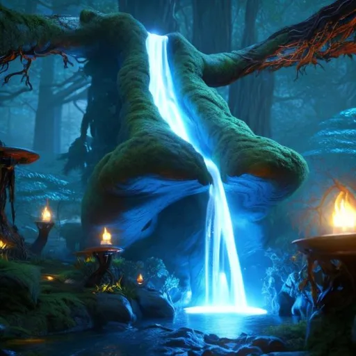 Prompt: Envision a glowing waterfall in a lush forest. Fantasy, another dimension. Hyperrealistic, UHD, HD, 8K, a portal rests besides the river