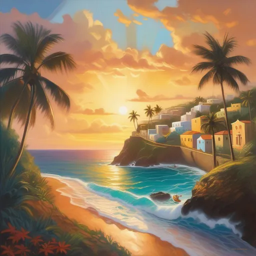 Prompt: Map of Puerto Rico, cartoony, warm atmosphere, extremely detailed painting by Greg Rutkowski and by Henry Justice Ford and by Steve Henderson