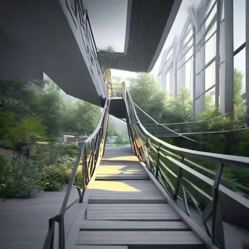 Prompt: long connected 2 stair way with nature attrium corridor bridge conncetion architecture render in terior space