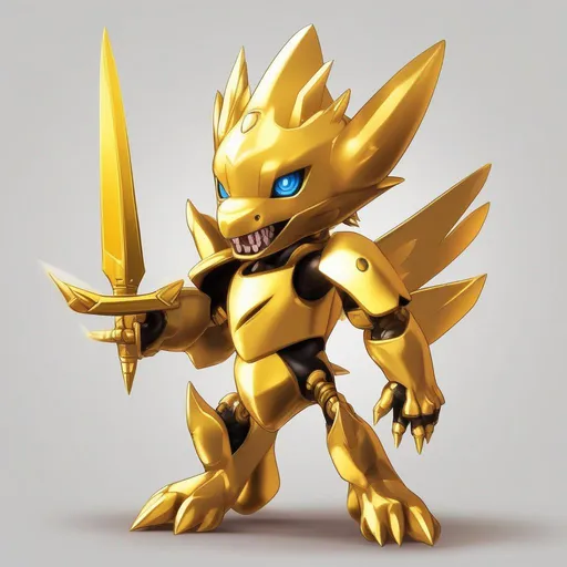 Prompt: tiny Digimon with a single blade protruding from its head. Its whole body is golden, and the blade on its head shines very brightly. Its personality is mischievous, Masterpiece, best quality