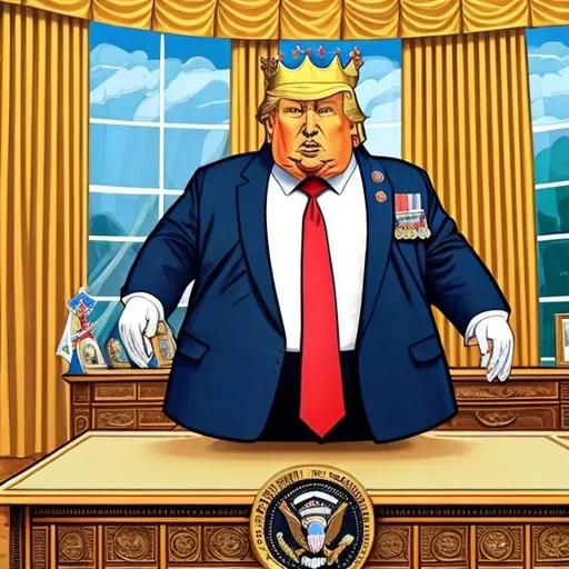Prompt: Obese, military Trump as king in a admiral's navy uniform with military medals and ribbons with a golden crown with sapphire on his head at his desk, too long red tie, Oval Office scene, Sergio Aragonés MAD Magazine cartoon style 