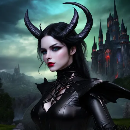 Prompt: 4k 3D professional modeling photo live action human woman hd hyper realistic beautiful dark fairy woman with horns black hair fair skin green eyes beautiful face red lips black dress enchanting gothic landscape hd background with live action magic castle 