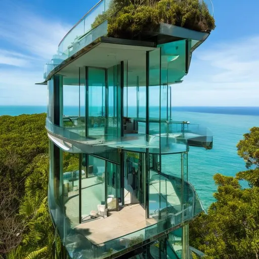 Prompt: glass house on cliff overlooking teal ocean waters, photograph