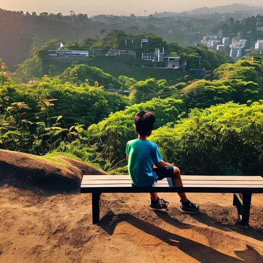 Prompt: A boy setting on bench at the hill backside