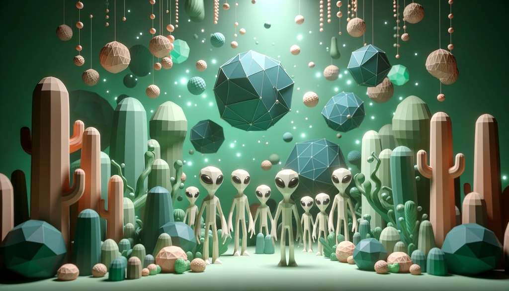 Prompt: 3D render of polygonal vector aliens in a whimsical animated setting, surrounded by earthy organic shapes, illuminated by light emerald hues, showcasing an unearthly atmosphere with a soft-focus technique.