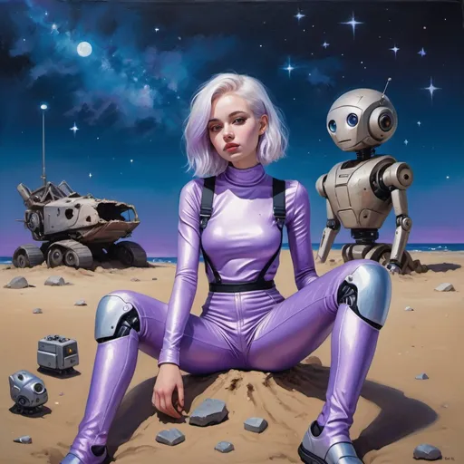 Prompt: A beautiful 25-year-old girl with platinum hair, wearing a tight lilac metallic jumpsuit, sits on the sand next to a small lens-shaped robot. The girl's overalls are torn in several places. in the background: the remains of destroyed stone buildings. night, dark blue sky with bright stars of an alien galaxy. style: oil painting.