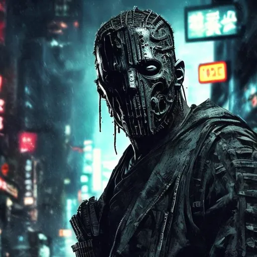 Prompt: Original villain. Future military armour with black and neon. Slow exposure. Detailed. Male masked. Bloody machete in hand. Dirty. Dark and gritty. Post-apocalyptic Neo Tokyo. Futuristic. Shadows. Sinister. Evil. Bionic enhancements. Magic