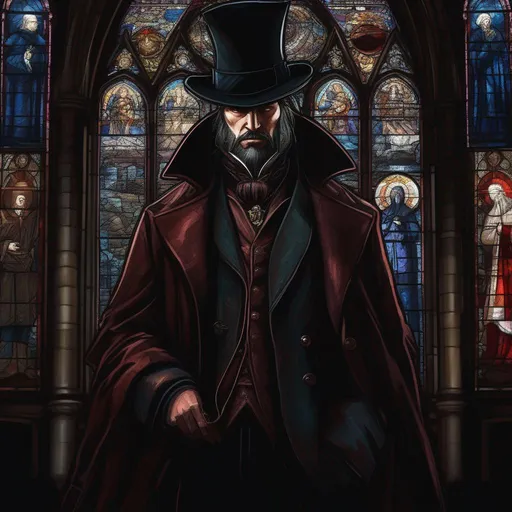 Prompt: Digital painting of a Large bestial man, with coat and tophat, with religious iconography, style of Bloodborne, dark colours, surrounded by shadows in a church, stain glass windows 
Digital painting of a Large bestial man with a coat with religious iconography, style of Bloodborne, dark colours, surrounded by shadows in a church, stain glass windows 
((style of Ravenloft, Ilya Kuvshinov)), darkness, dread, Romania, Hungry, gypsy, roma, fantasy, D&D, Ravenloft, ((style of Ravenloft, Ilya Kuvshinov)),
smooth detailed plate shoulder, detailed ivory, fantasy robes, wearing a full face mask, 8k, full form, detailed library, perfect hand, perfect five fingers and body, {{{{highest quality concept art masterpiece}}}} 4k, 128k UHD HDR.