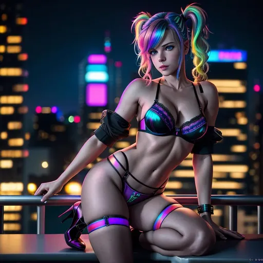 Prompt: Cyberpunk, Young Meg Ryan with pig tails in rainbow coloured hair, in bra and panties only, with garters and high heels on, Leaning against balcony with city lights in the background 
raw photo, photorealistic, High Detail, dramatic, UHD, HDR raw photo, realistic, sharp focus, 8K high definition, insanely detailed, intricate, high quality, 