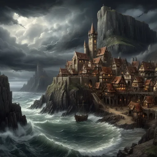 Prompt: Seaside town in Warhammer fantasy RPG style, highly detailed, oil painting, Gothic architecture, various buildings, stormy weather, dramatic lighting, mystical atmosphere, rugged coastline, towering cliffs, bustling harbor, medieval boat, overcast sky, high quality, atmospheric, detailed textures, dark tones, dynamic composition