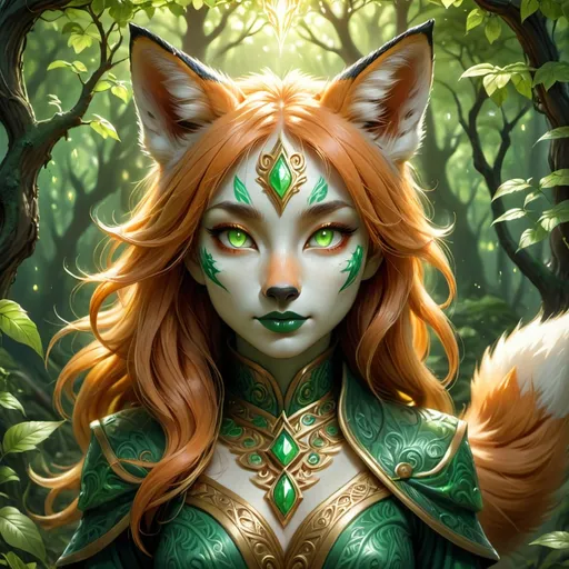 Prompt: Female human kitsune, striking green human face with elegant fox-like features, mystical aura, intricately detailed with vibrant emerald tones, glowing ethereal eyes, enchanting expression, lush forest background, soft dappled sunlight filtering through leaves, captivating and whimsical atmosphere, ultra-detailed style, fantasy theme, magical essence, high-resolution 4K image.