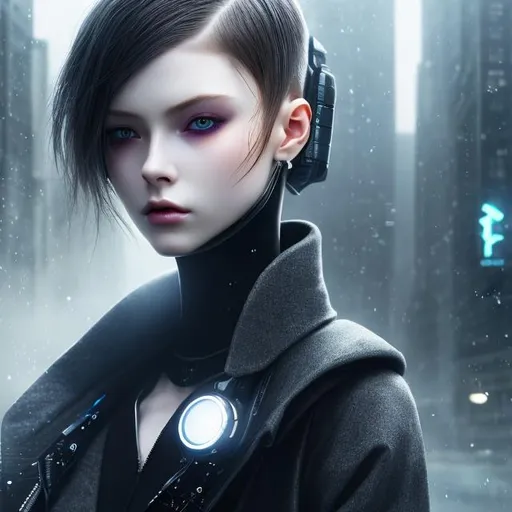 Prompt: cyber punk. mysterious. insanely beautiful. perfect anatomy. symmetrically perfect face. beautiful long black. beautiful amber eyes. hyper realistic. super detailed. soft colours. no extra limbs or hands or fingers or legs or arms. standing on the street. pale skin. smooth texture. realism. smoke effects. full body. 