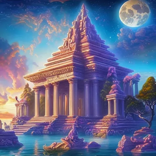 Prompt: The temple of the dream realm floating in the sky sunny beautiful 