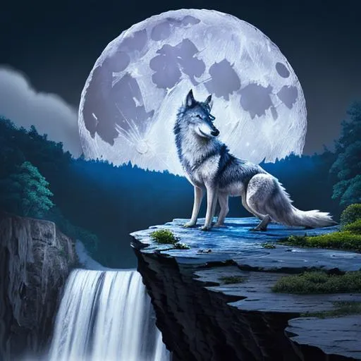 Prompt: A wolf on a cliff on the waterfall and the moon is complete and blue 