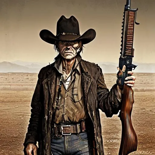 Prompt: The Gunslinger by author Stephen King standing with hands on an intricately carved rifle.  He wears a beat up Stetson. His face is  grim, serious, weary, wise . He stands ready to fire his guns at any time. volumetric lighting, post-apocalytic, wild west, horror by Andy Fairhurst