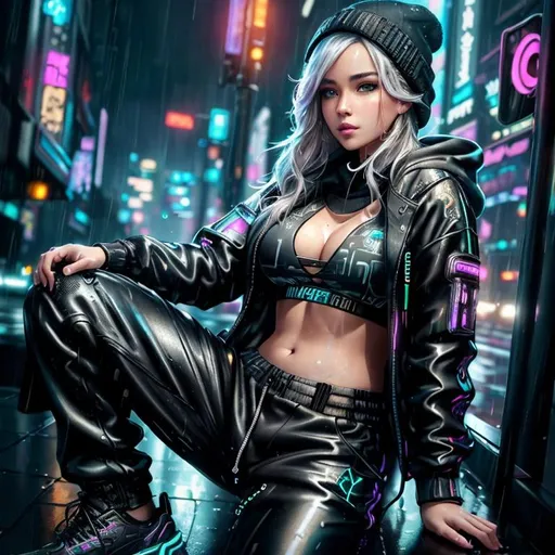 Prompt: ((best quality)), ((masterpiece)), intricately detailed, cyberpunk, futuristic city, night city, neon, 1girl, rain, puddles, portrait, sweatpants, open jacket, beanie, white sneakers, hands in pockets, cowboy shot