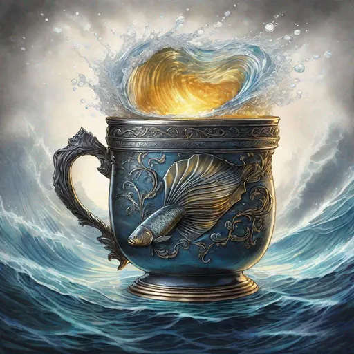 Prompt: magical cup overflowing with water, waves, sea, glowing, magic, dark, highly detailed metal engraving of a fish,  dungeons and dragons, magic the gathering, fantasy art, fantasy, wizard,, concept art, , artstation, award winning, painting, watercolor, 