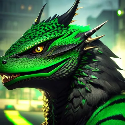 Prompt: Portrait of an anthro wyvern with striking green fur and iridescent black markings and a cute face, liminal space streets, perfect composition, hyperrealistic, super detailed, 8k, high quality, trending art, trending on artstation, sharp focus, studio photo, intricate details, highly detailed, by greg rutkowski