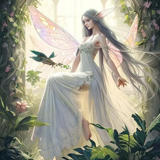 Prompt: Beautiful fairy, long hair, pale eyes, long dress, light speckled wings, plants, style of Artgerm
