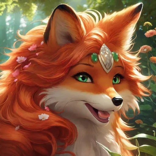 Prompt: Insanely beautiful female (fox) portrait, best quality, playful, cartoon art, bushy vivid red fur, lively, glistening creamy mane, (beautiful charming foxy smile:2), open mouth, highly detailed smile, (fluffy rosy cheeks:2), adorable, clownish, jolly, anime, in a magical lakeside, enchanting {emerald eyes}, sunrise, beneath the stars, crystal lake, corona, glowing outline, mid shot, medium close-up, global illumination, golden ambient light, cell shading, simple expressive shading, waterfall, bioluminescent, highres, best quality, concept art, epic digital art, intricately detailed, cinematic, anime, comically huge enchanted green eyes, 8k eyes, highly detailed eyes, cute fangs, highly detailed, 64k, full body focus, sharp focus, vibrant, UHD, professional, intricately detailed background, sparkling magical rain, falling petals, vibrant, bright colors, high quality colored pencil