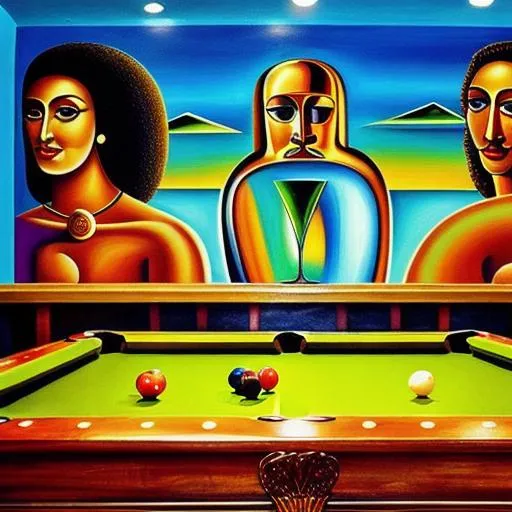 Prompt: Sitting in a bar with people all around me having fun playing pool beautiful woman abstract art Salvador Dali hidden items in picture 