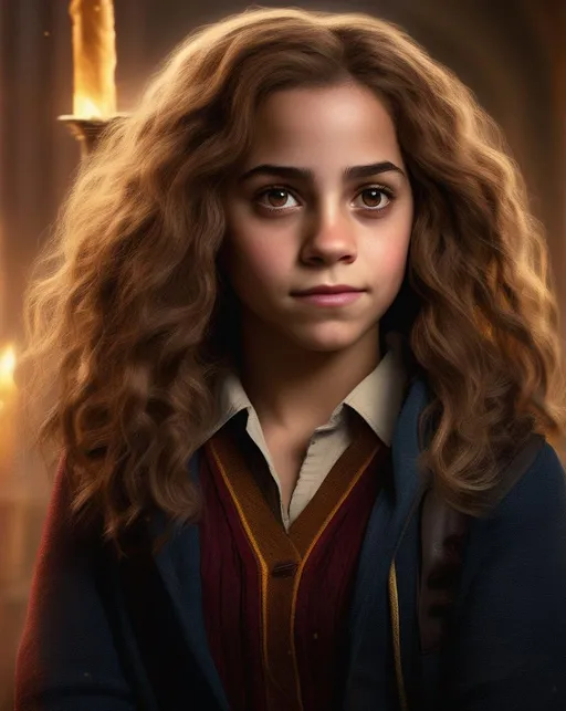 Prompt: Illuminate Hermione Granger in a character redesign with soft, warm lighting to evoke a sense of wonder and magic. Use a high-quality camera and a portrait lens to capture intricate details of her expression. The mood should be empowering and mystical, in the style of renowned fantasy artists.