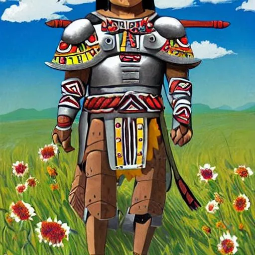 Prompt: A Aztec warrior in metal armor in a flowered field by studio ghibli