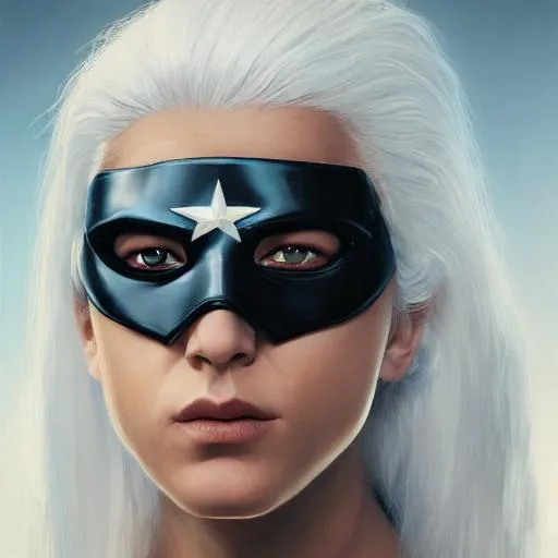 Prompt: Portrait of girl with white hair and superhero mask and with strong face, perfect composition, hyperrealistic, super detailed, 8k, high quality, trending art, trending on artstation, sharp focus, studio photo, intricate details, highly detailed, by greg rutkowski