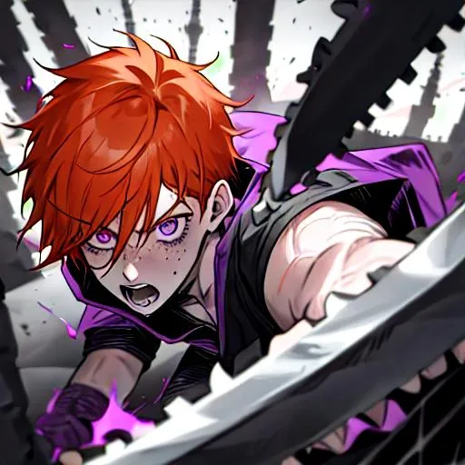 Prompt: Erikku male adult (short ginger hair, freckles, right eye blue left eye purple) UHD, 8K, Highly detailed, insane detail, best quality, high quality, fighting with a chainsaw