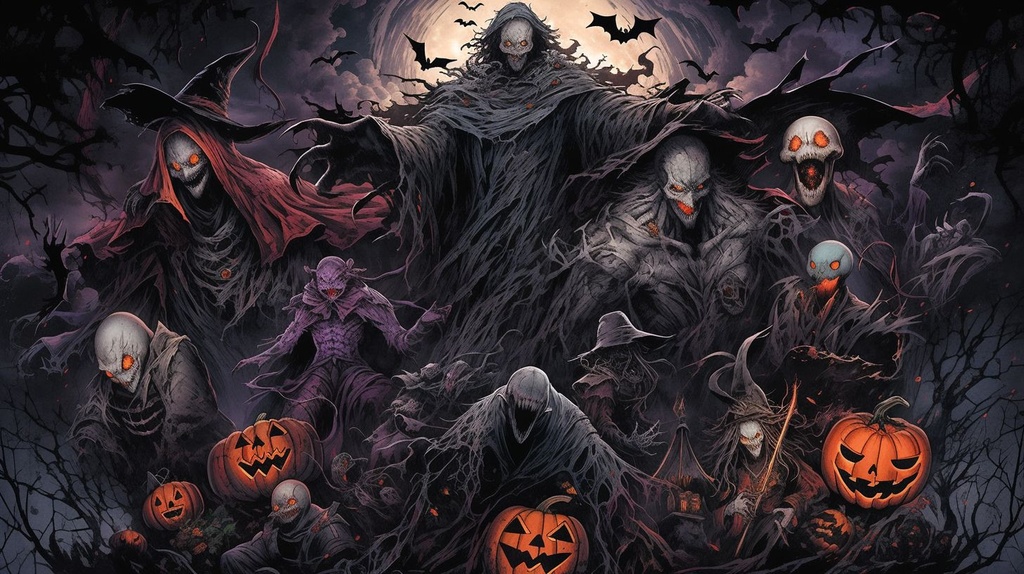 Prompt: halloween ghosts by mark j walsh, in the style of detailed penciling, kerem beyit, lithograph, highly detailed realism, go nagai, d&d, john larriva