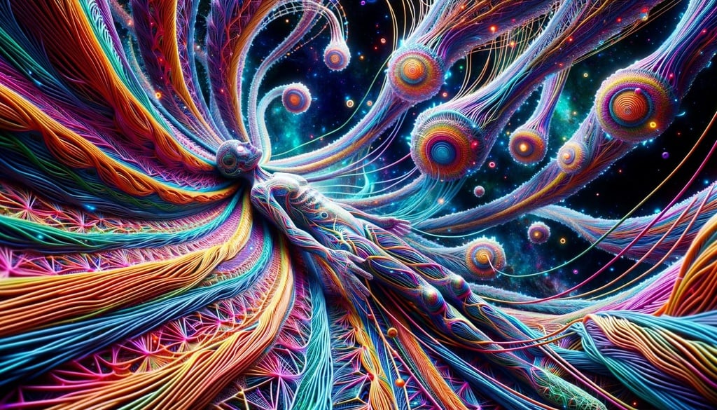 Prompt: Surreal scene where DMT entities emerge and intertwine with vibrant psychedelic threads. These threads weave around the entities, forming intricate and mesmerizing patterns that pulse with color and energy.